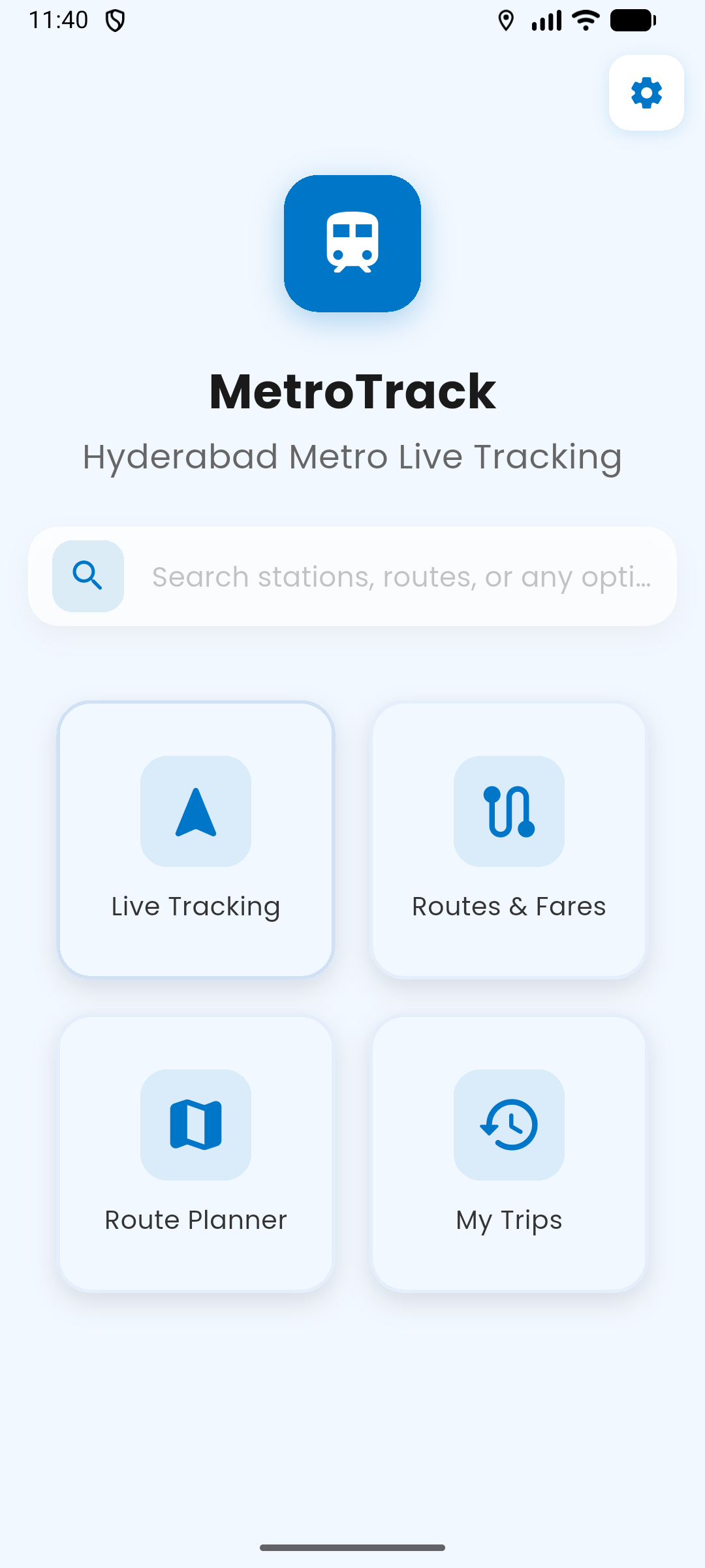 MetroTrack Home Screen