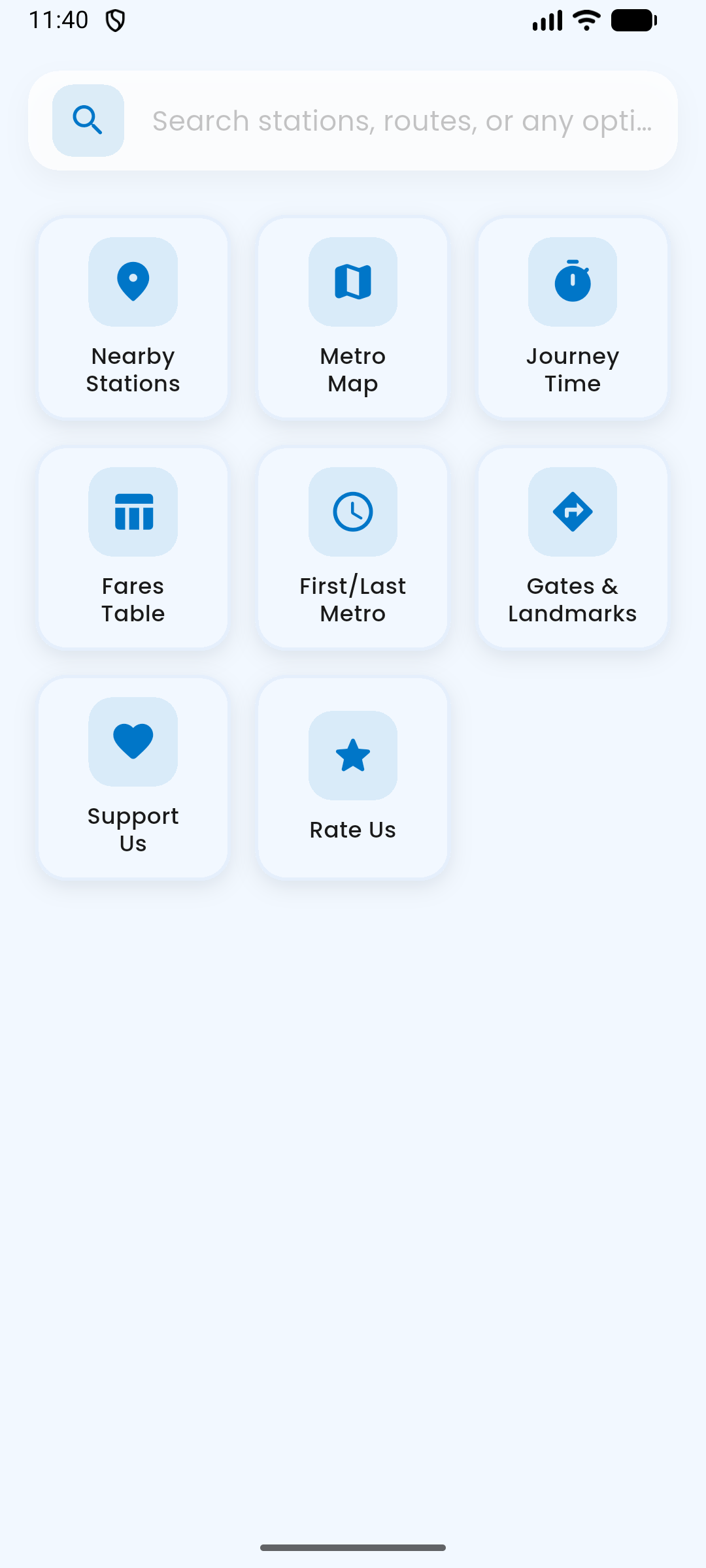 MetroTrack Quick Actions Screen